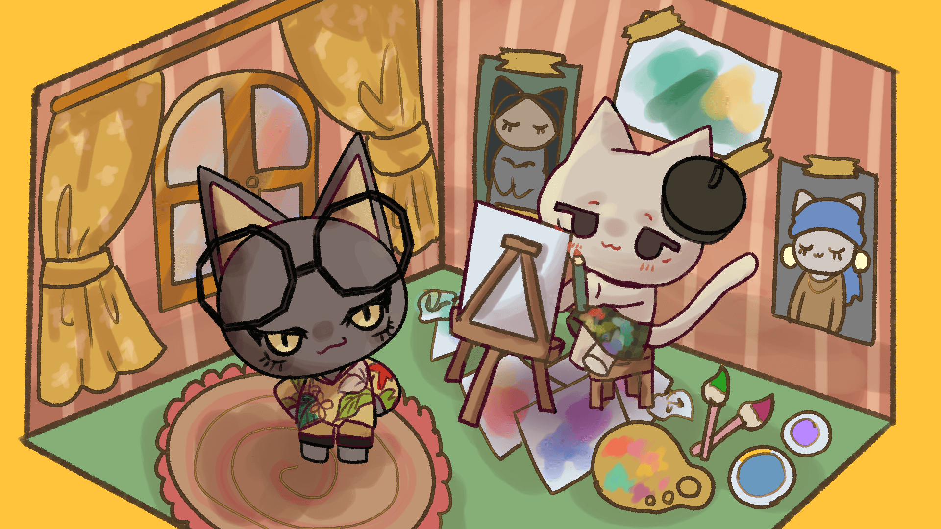 絵を描く猫と、その暮らしが広がる部屋